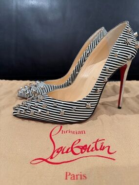 Christian Louboutin Black & White Striped Studded Pointed-Toe Pumps 100mm